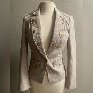 White House Black Market WHBM Beige Herringbone Button Blazer.